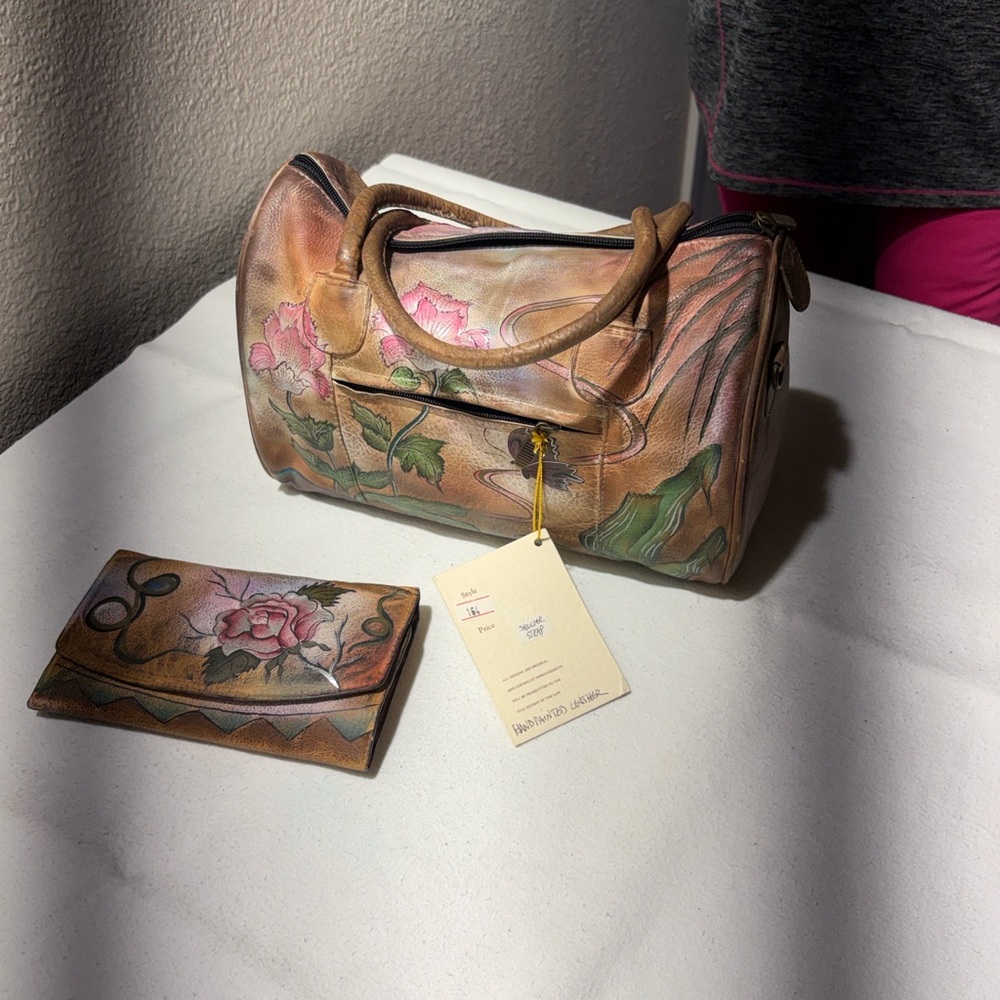 Anuschka Hand-Painted Pink & Tan Floral Leather Satchel with Matching Wallet